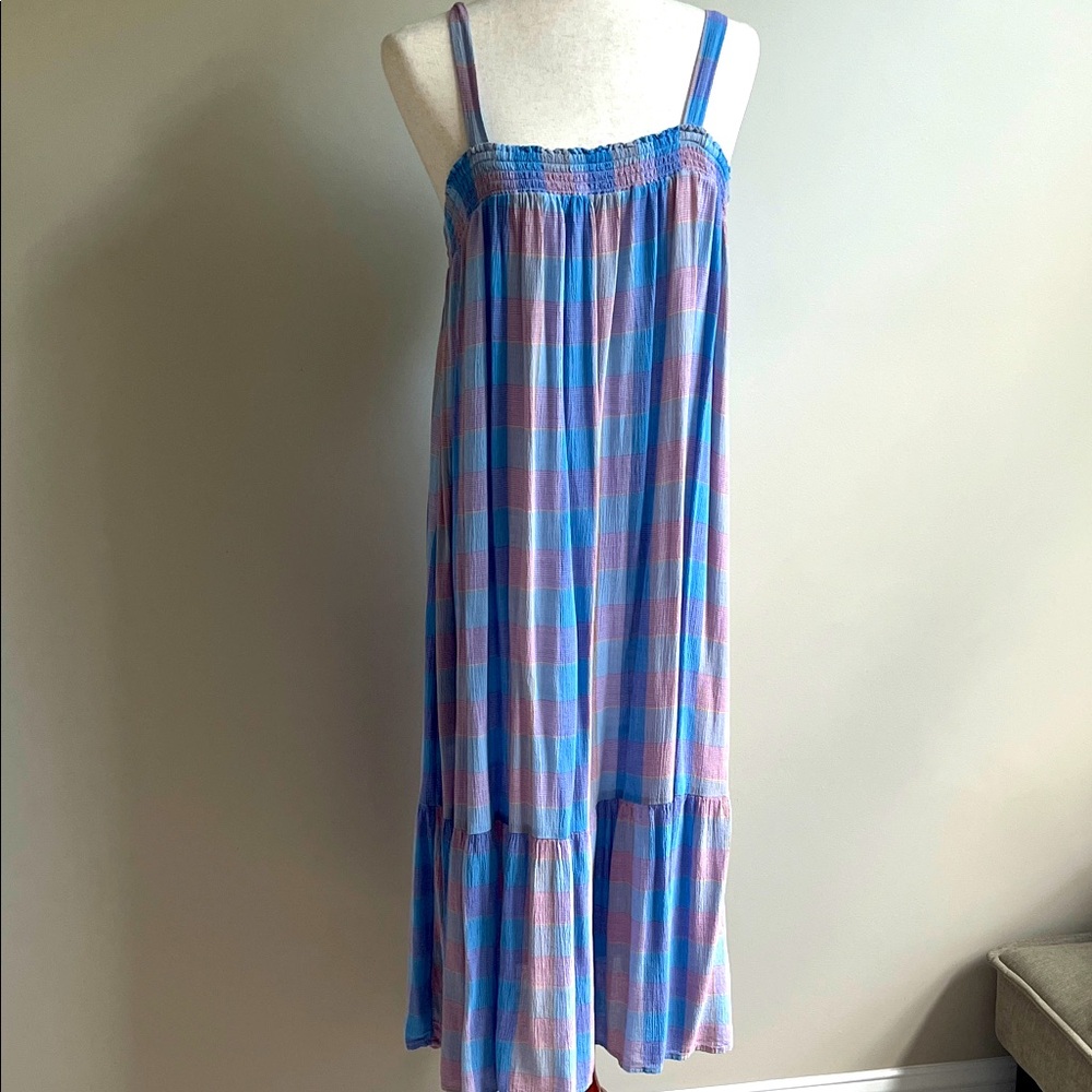 LOFT Blue and Violet Pastel Gingham Smocked Strappy Beach Summer Dress